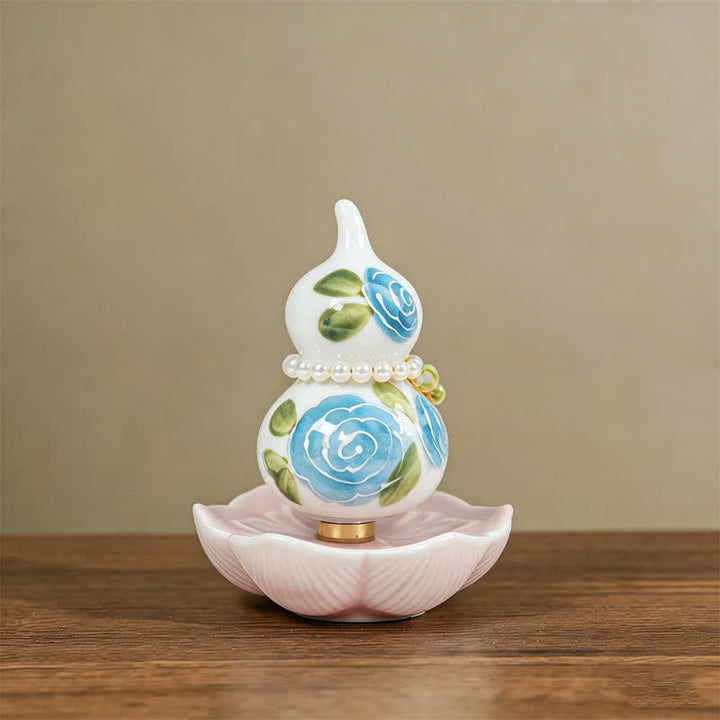 Buddha Stones Hand-Painted Ceramic Peony Gourd Prosperity Mindful Living Decor - Blue Rose Blessing - Approx. 6*8cm(Random accessory) - image 9