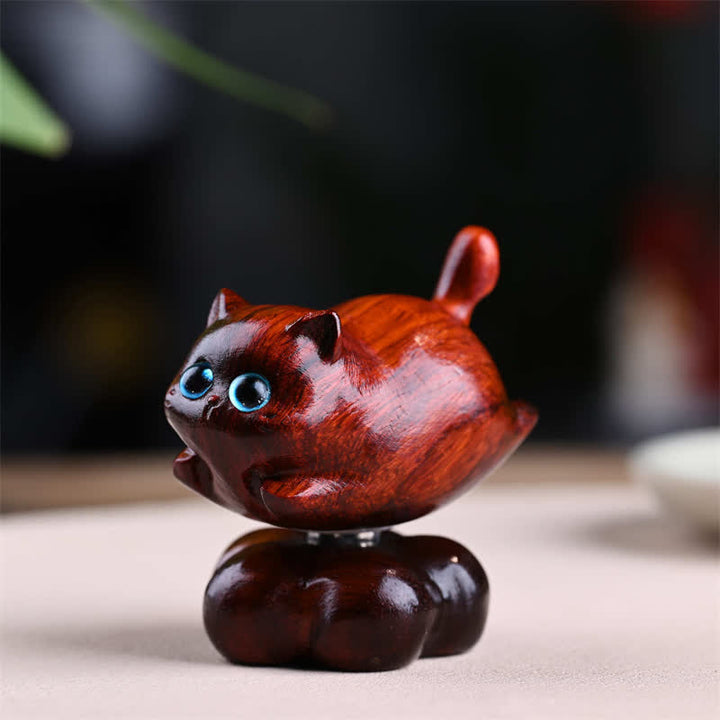 Buddha Stones Sandalwood Rotating Small Cat Tea Pet Meditation Cute Animal Decor - Red&Small Base Approx. 6*4.3*5.8cm - image 2