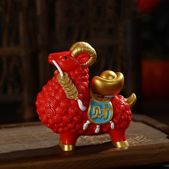 Buddha Stones Resin Prosperity Goat Sheep Fortune Bag Ingot Gourd Persimmon Desktop Ornament Cute Animal Decor - Red- Gold Ingot - image 0