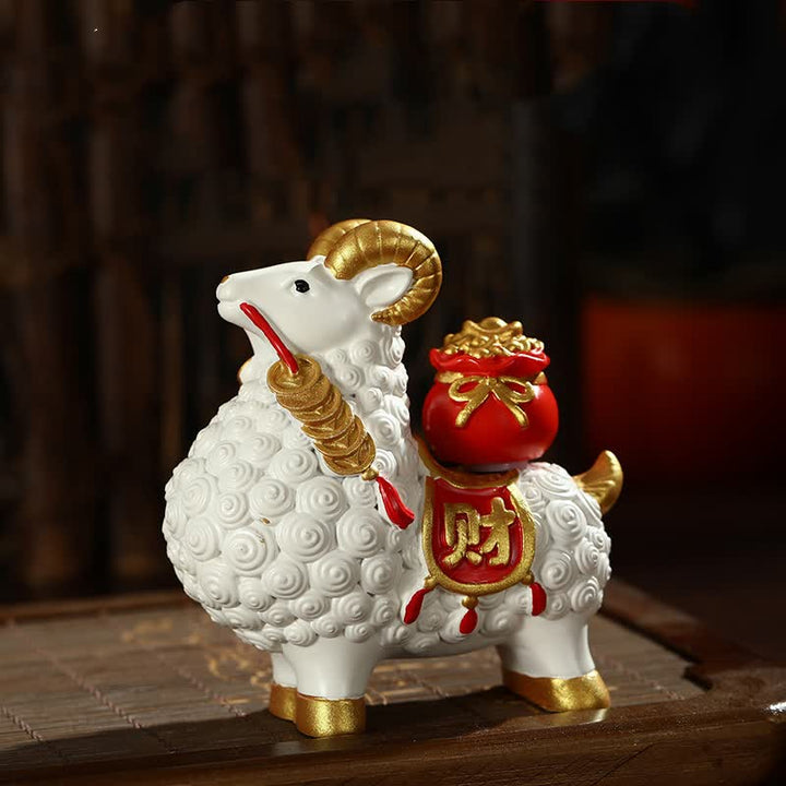 Buddha Stones Resin Prosperity Goat Sheep Fortune Bag Ingot Gourd Persimmon Desktop Ornament Cute Animal Decor - White- Fortune Bag - image 8