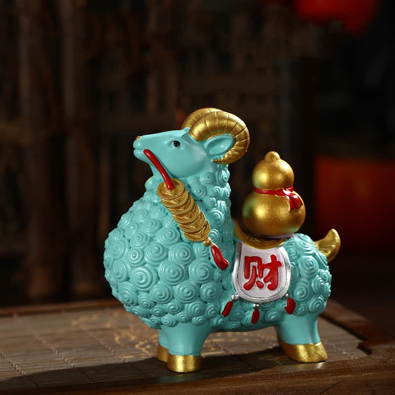 Buddha Stones Resin Prosperity Goat Sheep Fortune Bag Ingot Gourd Persimmon Desktop Ornament Cute Animal Decor - Blue- Gourd - image 6