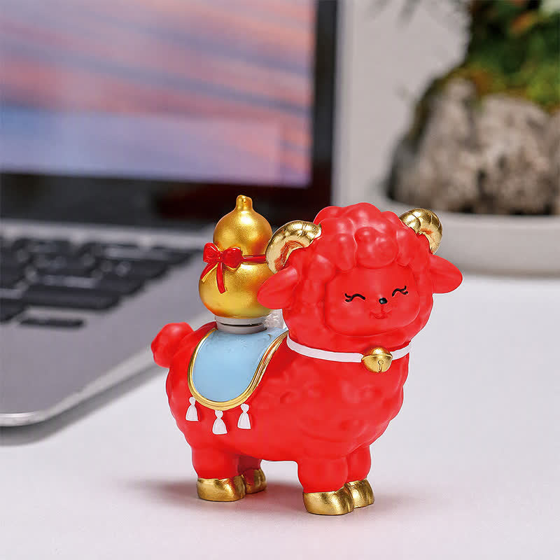 Buddha Stones Resin Lucky Sheep Ingot Gourd Fortune Money Bag Cute Animal Decor - Fortune Sheep - Fu Blessing - Red - image 5