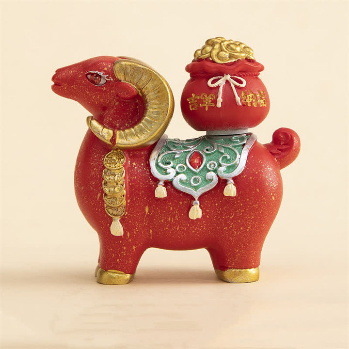 Buddha Stones Resin Zodiac Goat Sheep With Fortune Bag For Luck Cute Animal Decor - Auspicious Sheep - Red - image 7