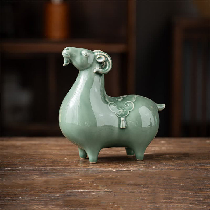 Buddha Stones Ceramic Goat Bring Prosperity Cute Animal Decor - Green - Medium Sheep Approx. 16.5cm*8.2cm*17cm - image 15