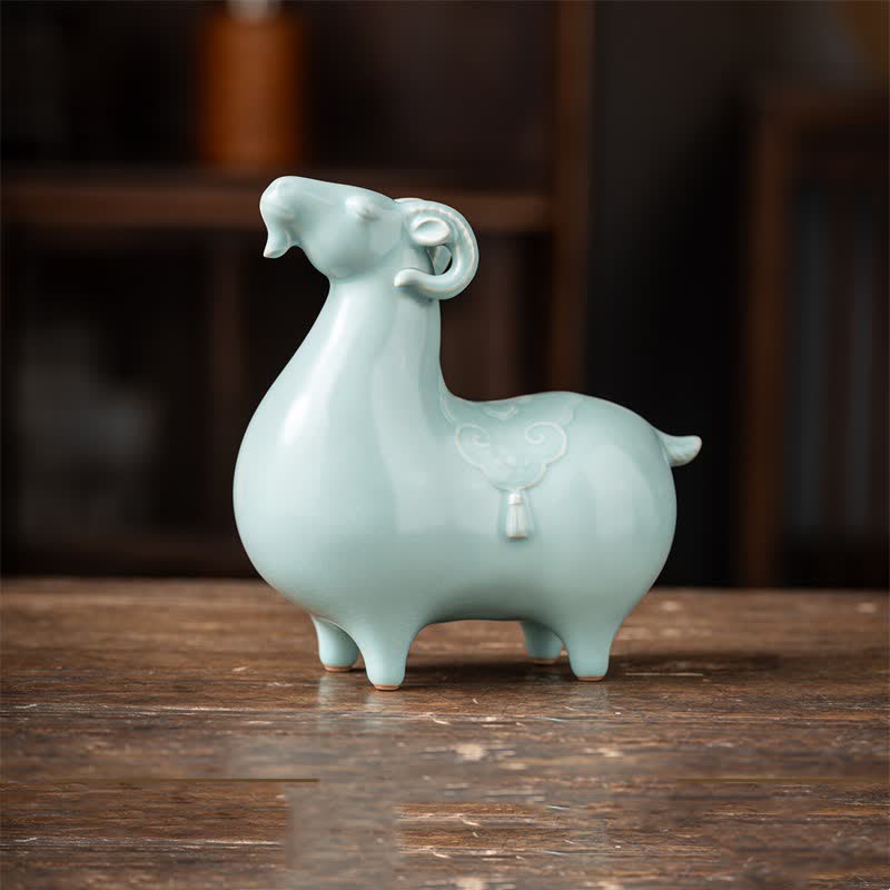 Buddha Stones Ceramic Goat Bring Prosperity Cute Animal Decor - Blue- Medium Sheep Approx. 16.5cm*8.2cm*17cm - image 8