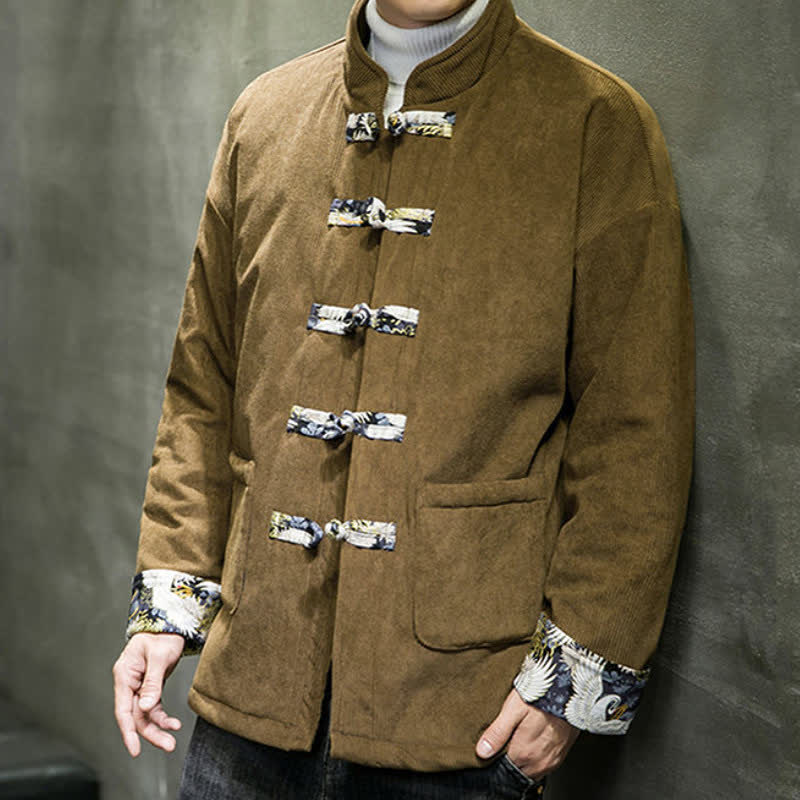 Buddha Stones Fall Winter Casual Tang Style Mandarin Collar White Crane Solid Men's Jacket With Pockets - image 21