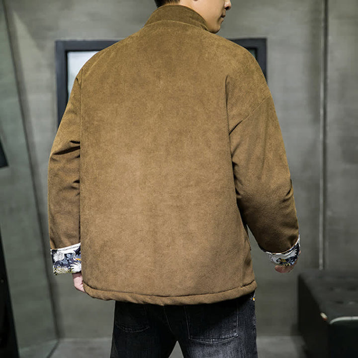 Buddha Stones Fall Winter Casual Tang Style Mandarin Collar White Crane Solid Men's Jacket With Pockets - image 17