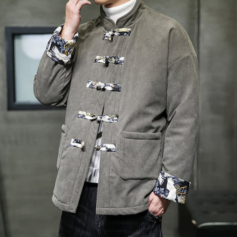 Buddha Stones Fall Winter Casual Tang Style Mandarin Collar White Crane Solid Men's Jacket With Pockets - image 3