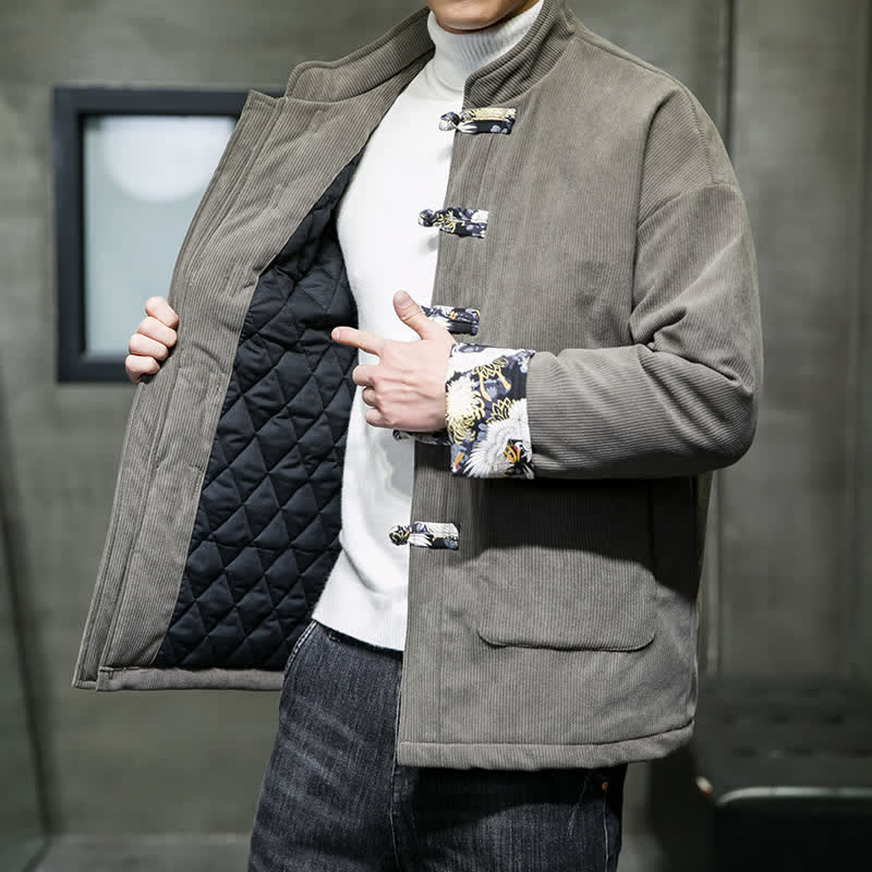 Buddha Stones Fall Winter Casual Tang Style Mandarin Collar White Crane Solid Men's Jacket With Pockets - image 2