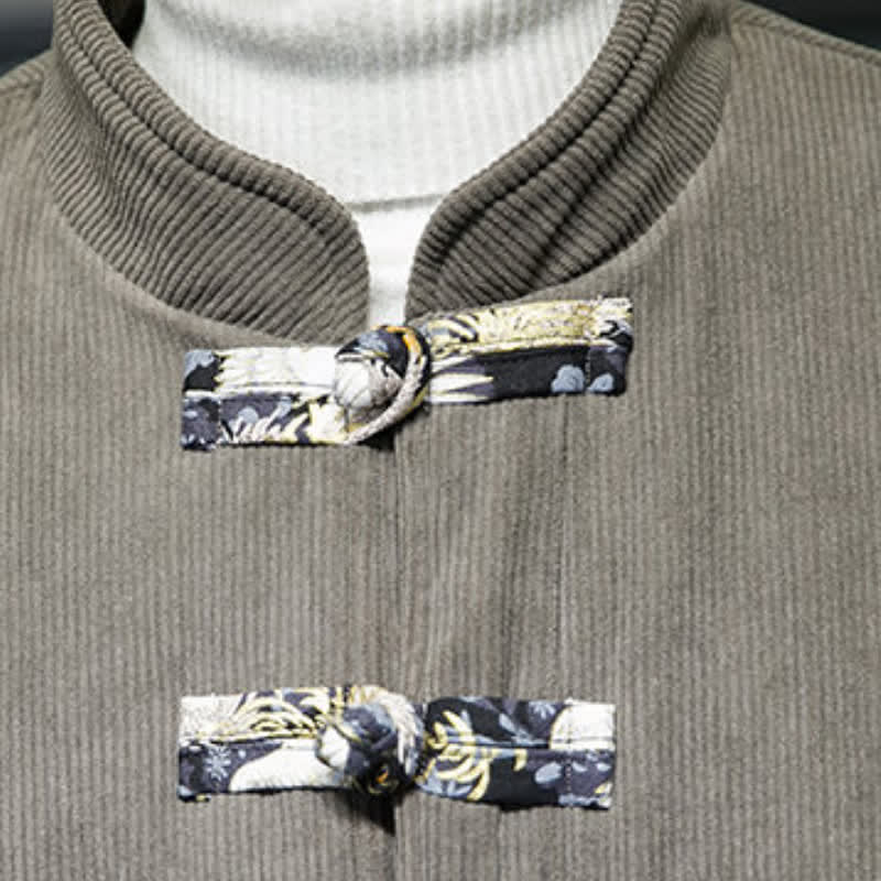 Buddha Stones Fall Winter Casual Tang Style Mandarin Collar White Crane Solid Men's Jacket With Pockets - image 10
