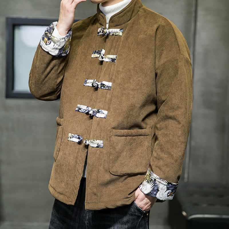 Buddha Stones Fall Winter Casual Tang Style Mandarin Collar White Crane Solid Men's Jacket With Pockets - image 15