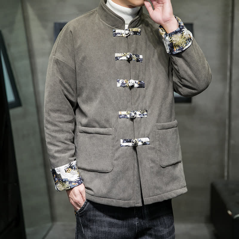 Buddha Stones Fall Winter Casual Tang Style Mandarin Collar White Crane Solid Men's Jacket With Pockets - image 6