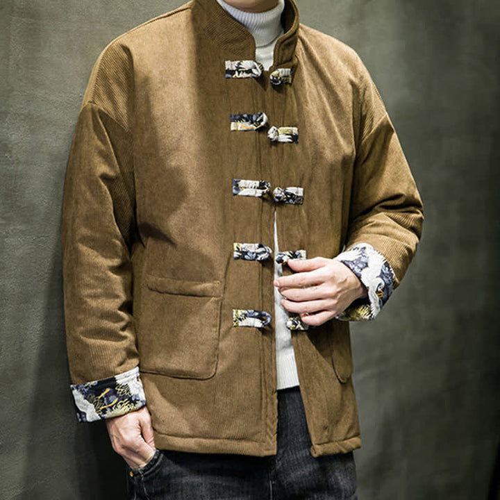 Buddha Stones Fall Winter Casual Tang Style Mandarin Collar White Crane Solid Men's Jacket With Pockets - image 19