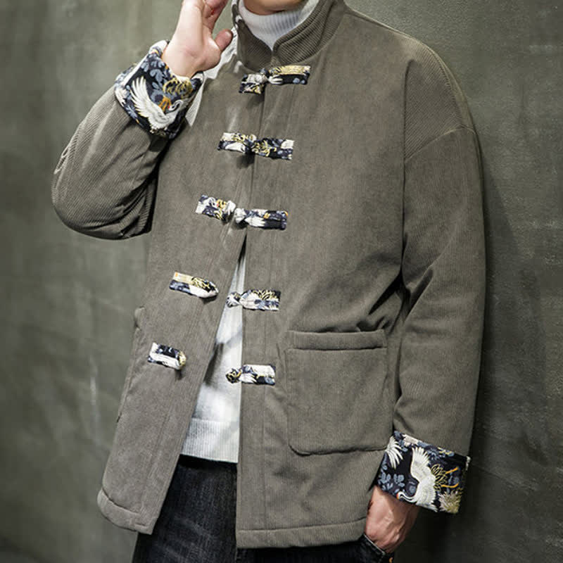 Buddha Stones Fall Winter Casual Tang Style Mandarin Collar White Crane Solid Men's Jacket With Pockets - image 8