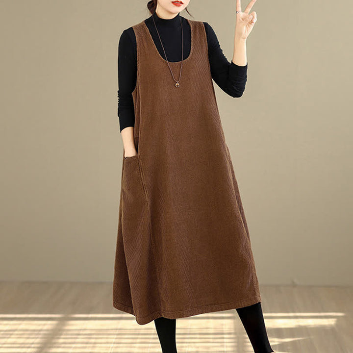 Buddha Stones Fall Winter Retro Simple Solid Corduroy Scoop Neck Women's Winter Sleeveless Dress With Pockets - image 3