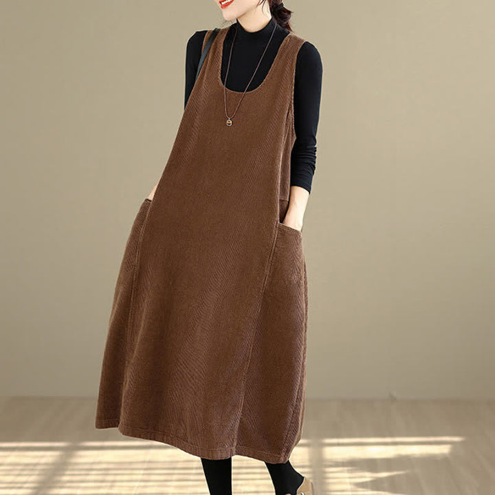 Buddha Stones Fall Winter Retro Simple Solid Corduroy Scoop Neck Women's Winter Sleeveless Dress With Pockets - image 2