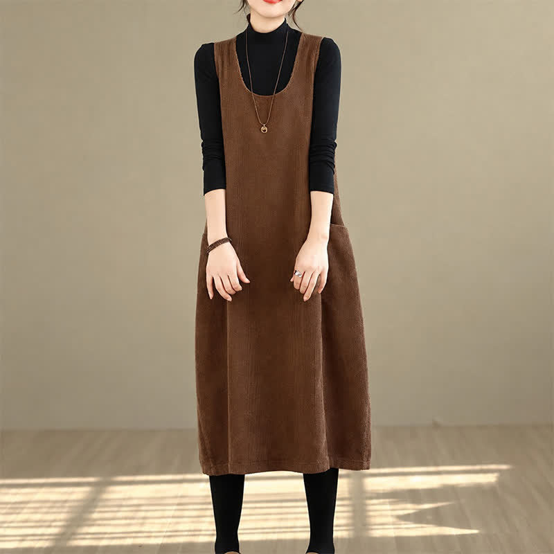 Buddha Stones Fall Winter Retro Simple Solid Corduroy Scoop Neck Women's Winter Sleeveless Dress With Pockets - image 5