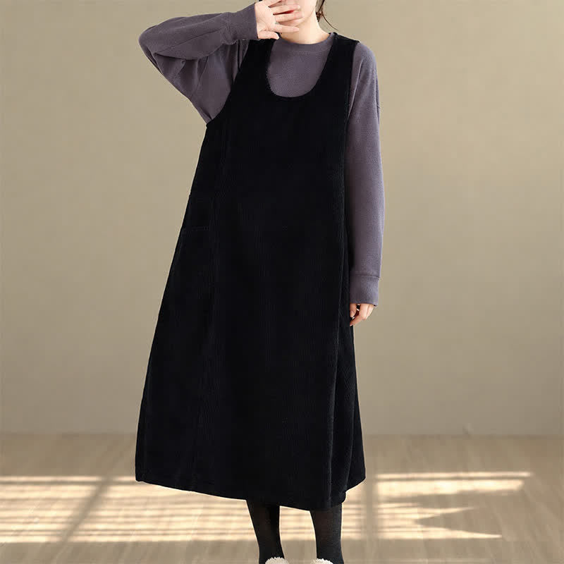 Buddha Stones Fall Winter Retro Simple Solid Corduroy Scoop Neck Women's Winter Sleeveless Dress With Pockets - image 16