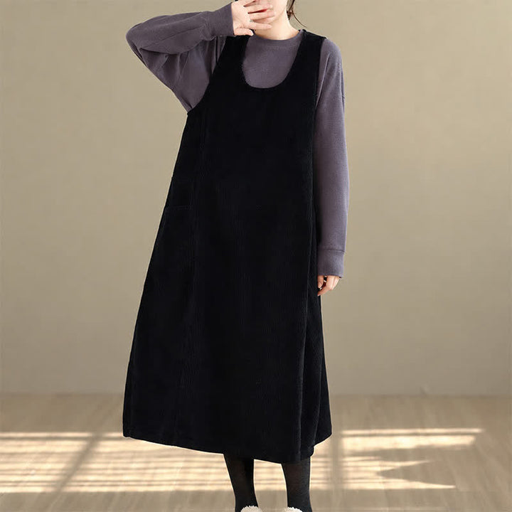 Buddha Stones Fall Winter Retro Simple Solid Corduroy Scoop Neck Women's Winter Sleeveless Dress With Pockets - image 16