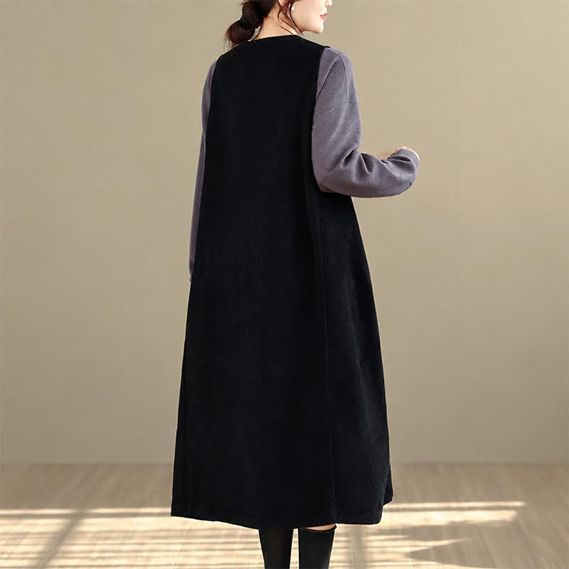 Buddha Stones Fall Winter Retro Simple Solid Corduroy Scoop Neck Women's Winter Sleeveless Dress With Pockets - image 15