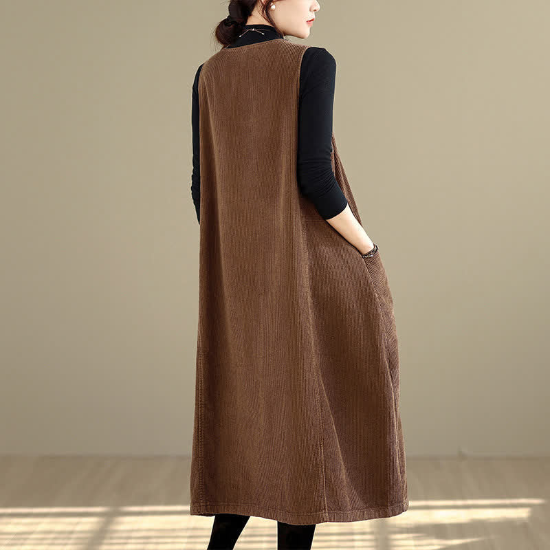 Buddha Stones Fall Winter Retro Simple Solid Corduroy Scoop Neck Women's Winter Sleeveless Dress With Pockets - image 4
