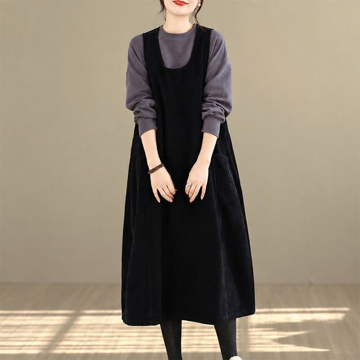 Buddha Stones Fall Winter Retro Simple Solid Corduroy Scoop Neck Women's Winter Sleeveless Dress With Pockets - image 17