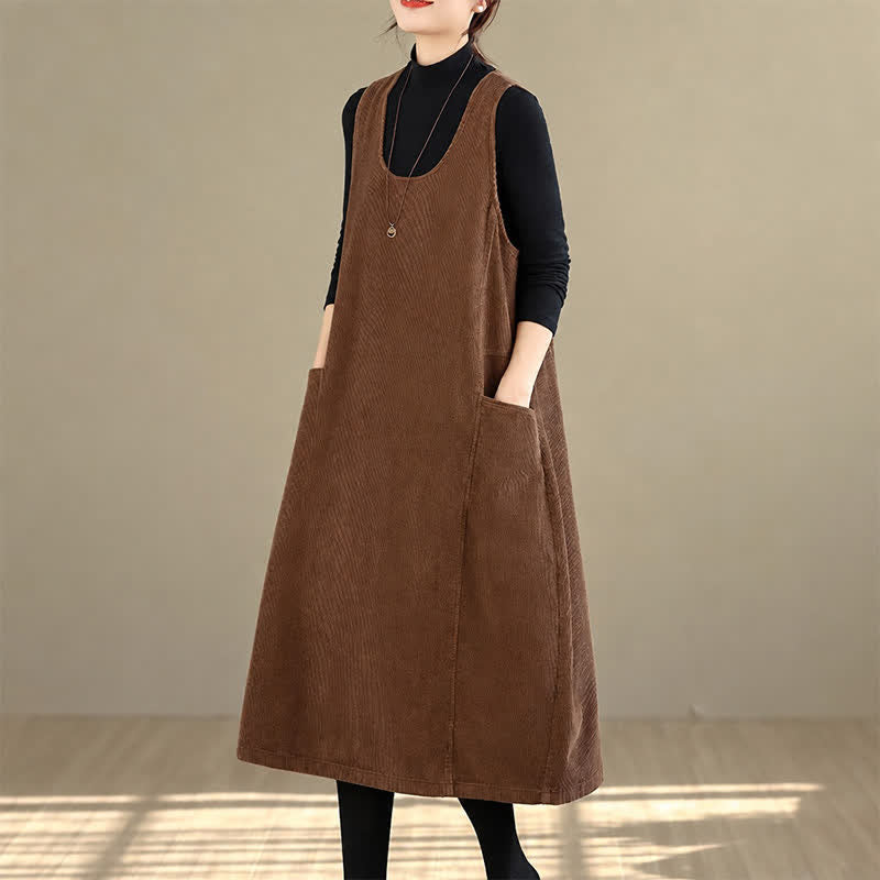 Buddha Stones Fall Winter Retro Simple Solid Corduroy Scoop Neck Women's Winter Sleeveless Dress With Pockets - image 1