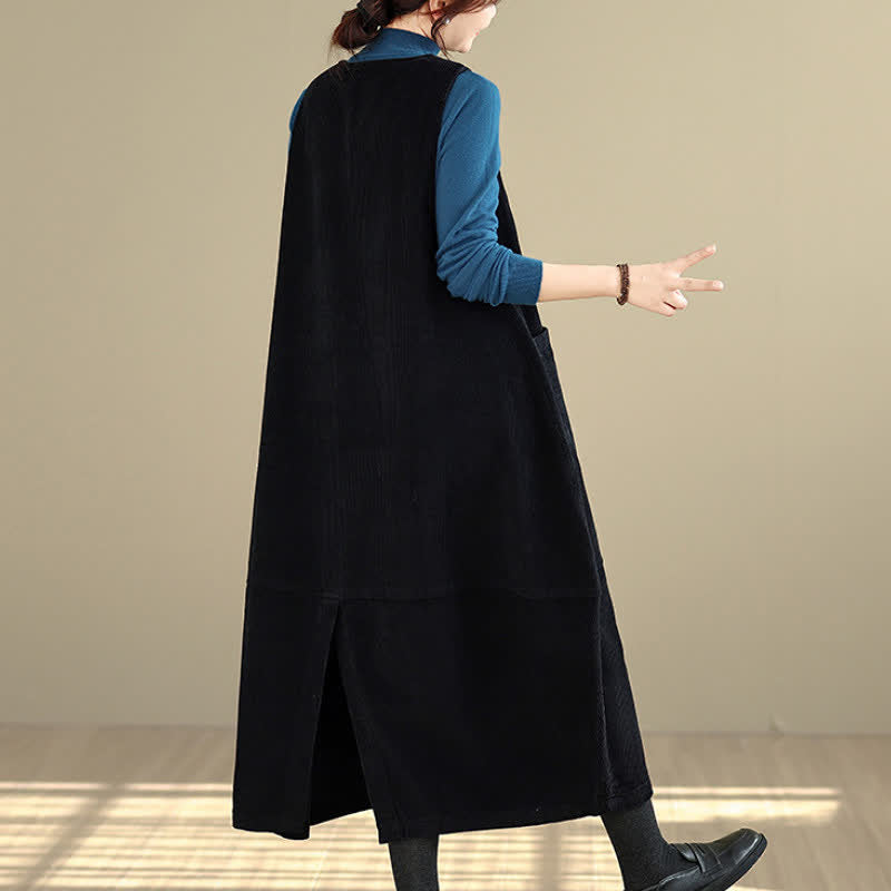 Buddha Stones Fall Winter Vintage Plain Solid Scoop Neck Women's Winter Sleeveless Dress With Pockets - image 15