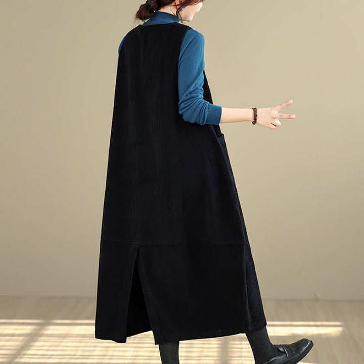 Buddha Stones Fall Winter Vintage Plain Solid Scoop Neck Women's Winter Sleeveless Dress With Pockets - image 15