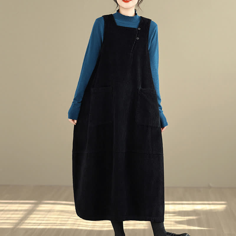 Buddha Stones Fall Winter Vintage Plain Solid Scoop Neck Women's Winter Sleeveless Dress With Pockets - image 12