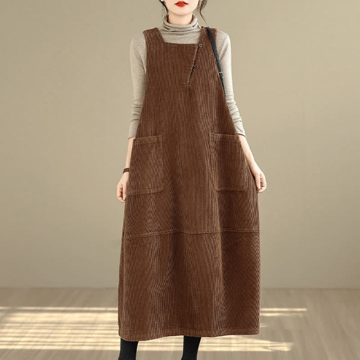 Buddha Stones Fall Winter Vintage Plain Solid Scoop Neck Women's Winter Sleeveless Dress With Pockets - image 3