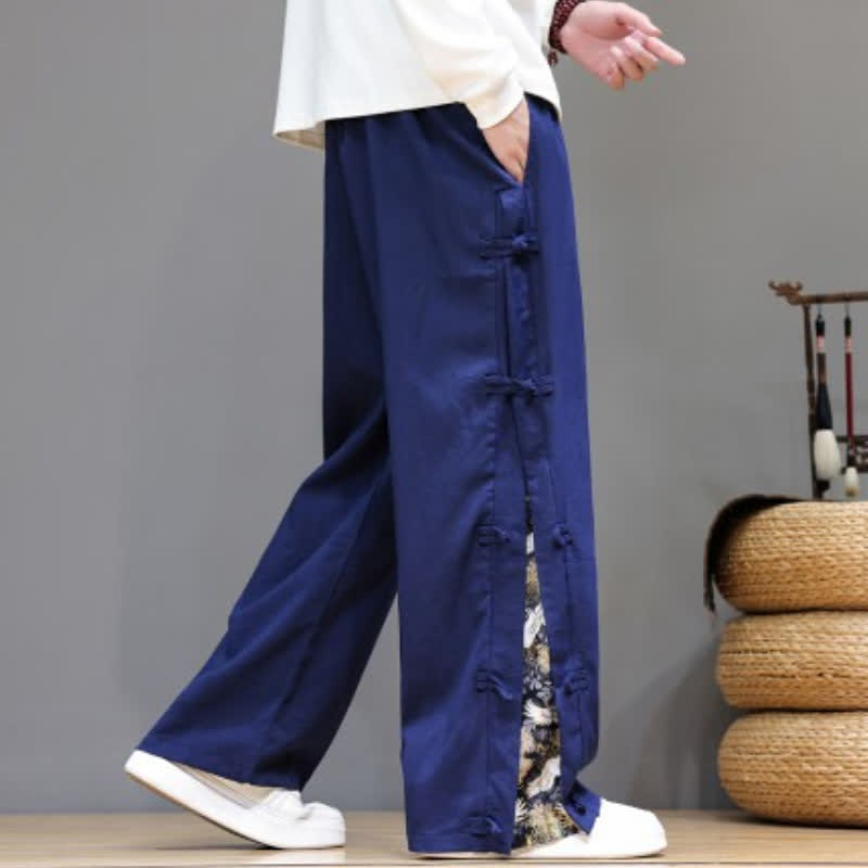 Buddha Stones Spring Summer Casual Tang Style Crane Side Slit Long Pants Men's Straight Leg Pants With Pockets - MidnightBlue - US/UK/AU46，EU56 (5XL) - image 12