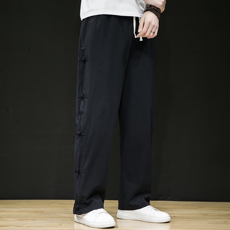Buddha Stones Spring Summer Casual Tang Style Crane Side Slit Long Pants Men's Straight Leg Pants With Pockets - image 5