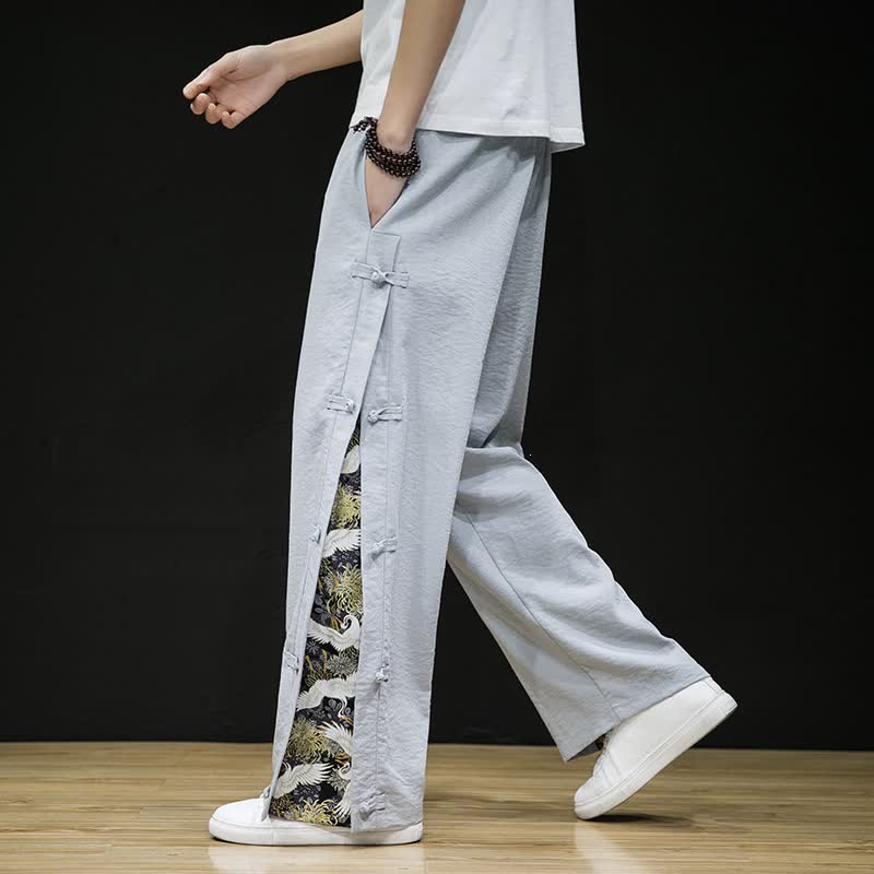 Buddha Stones Spring Summer Casual Tang Style Crane Side Slit Long Pants Men's Straight Leg Pants With Pockets - image 23