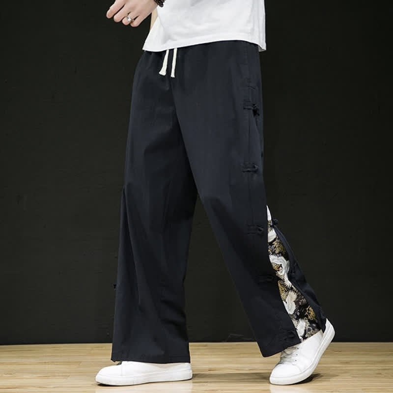 Buddha Stones Spring Summer Casual Tang Style Crane Side Slit Long Pants Men's Straight Leg Pants With Pockets - image 2