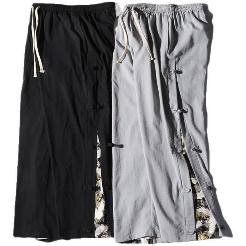 Buddha Stones Spring Summer Casual Tang Style Crane Side Slit Long Pants Men's Straight Leg Pants With Pockets - image 35