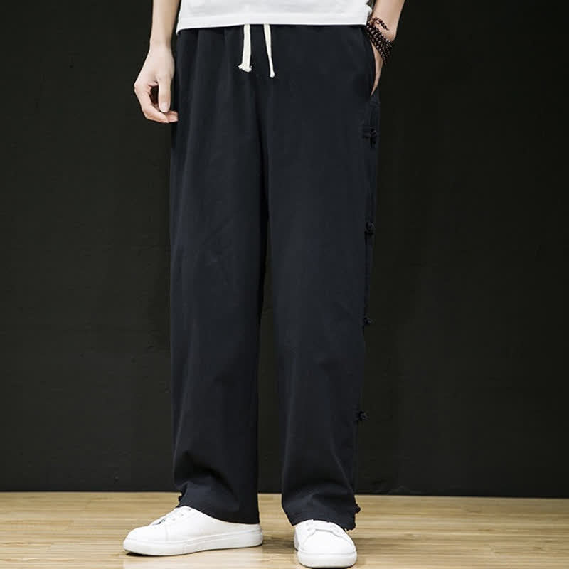 Buddha Stones Spring Summer Casual Tang Style Crane Side Slit Long Pants Men's Straight Leg Pants With Pockets - image 6