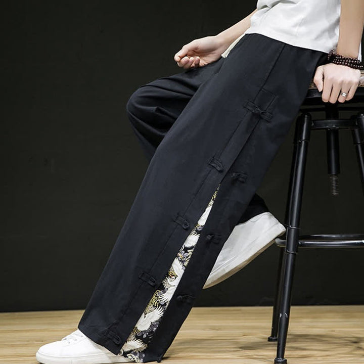 Buddha Stones Spring Summer Casual Tang Style Crane Side Slit Long Pants Men's Straight Leg Pants With Pockets - image 10