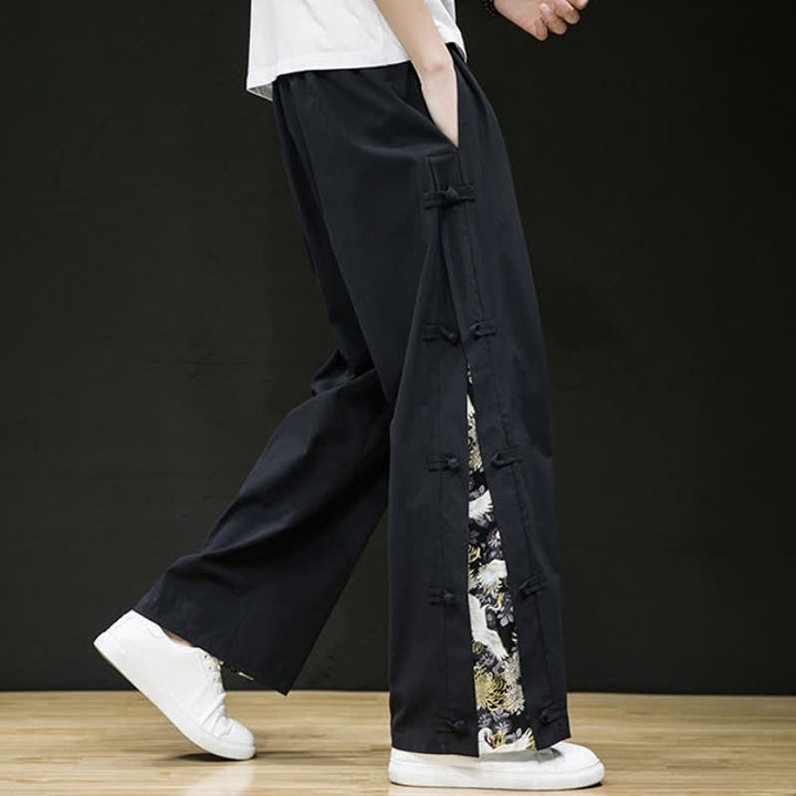 Buddha Stones Spring Summer Casual Tang Style Crane Side Slit Long Pants Men's Straight Leg Pants With Pockets - image 9