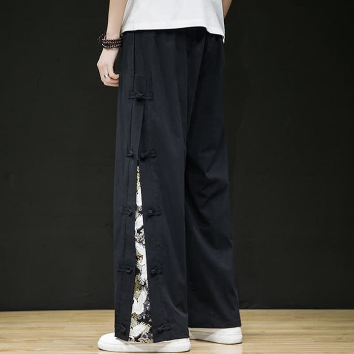 Buddha Stones Spring Summer Casual Tang Style Crane Side Slit Long Pants Men's Straight Leg Pants With Pockets - image 4