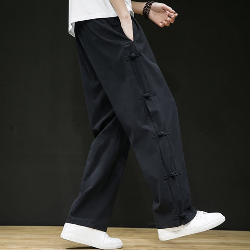 Buddha Stones Spring Summer Casual Tang Style Crane Side Slit Long Pants Men's Straight Leg Pants With Pockets - image 7