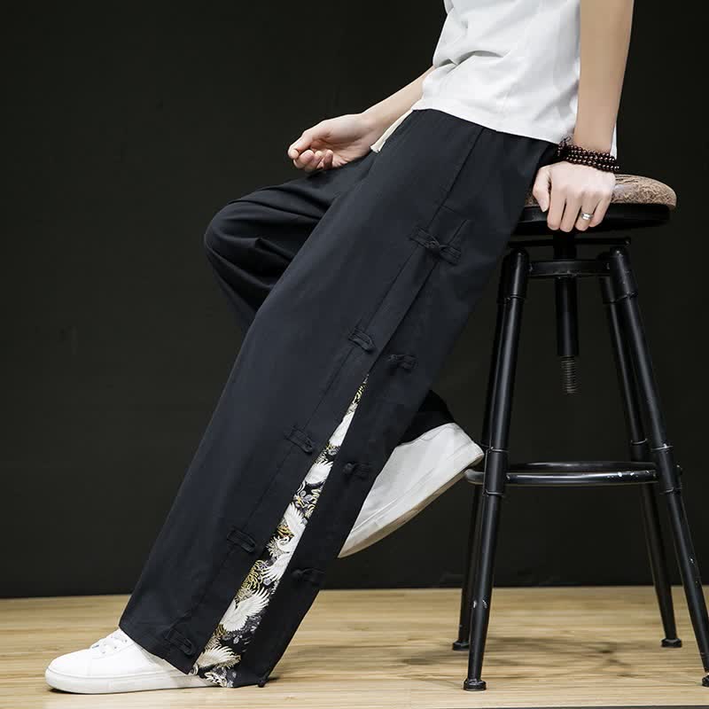 Buddha Stones Spring Summer Casual Tang Style Crane Side Slit Long Pants Men's Straight Leg Pants With Pockets - image 8