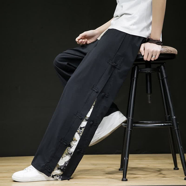 Buddha Stones Spring Summer Casual Tang Style Crane Side Slit Long Pants Men's Straight Leg Pants With Pockets - image 8