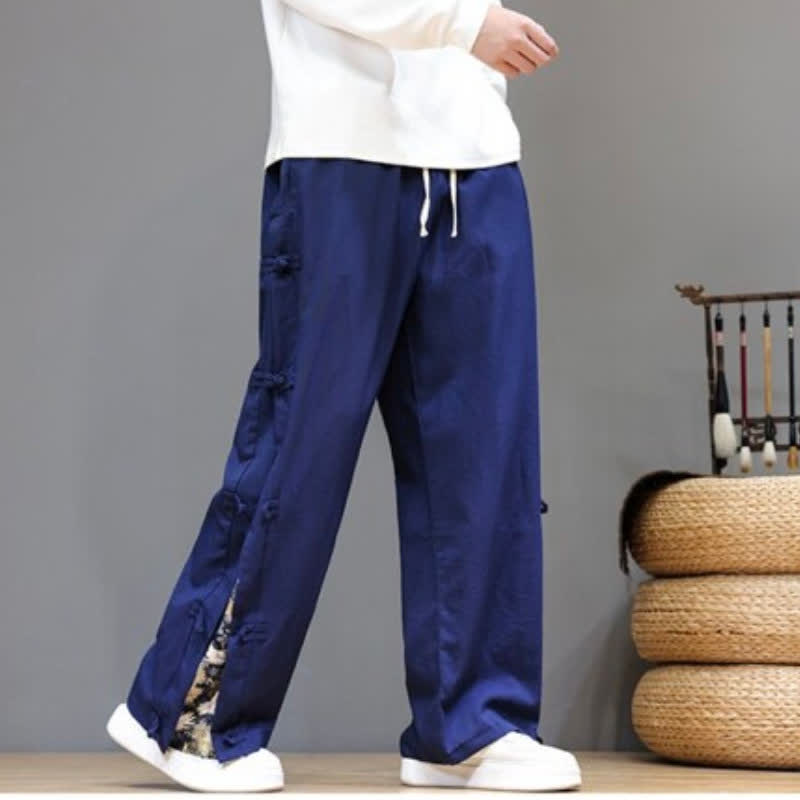 Buddha Stones Spring Summer Casual Tang Style Crane Side Slit Long Pants Men's Straight Leg Pants With Pockets - image 13