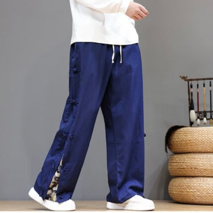 Buddha Stones Spring Summer Casual Tang Style Crane Side Slit Long Pants Men's Straight Leg Pants With Pockets - image 13