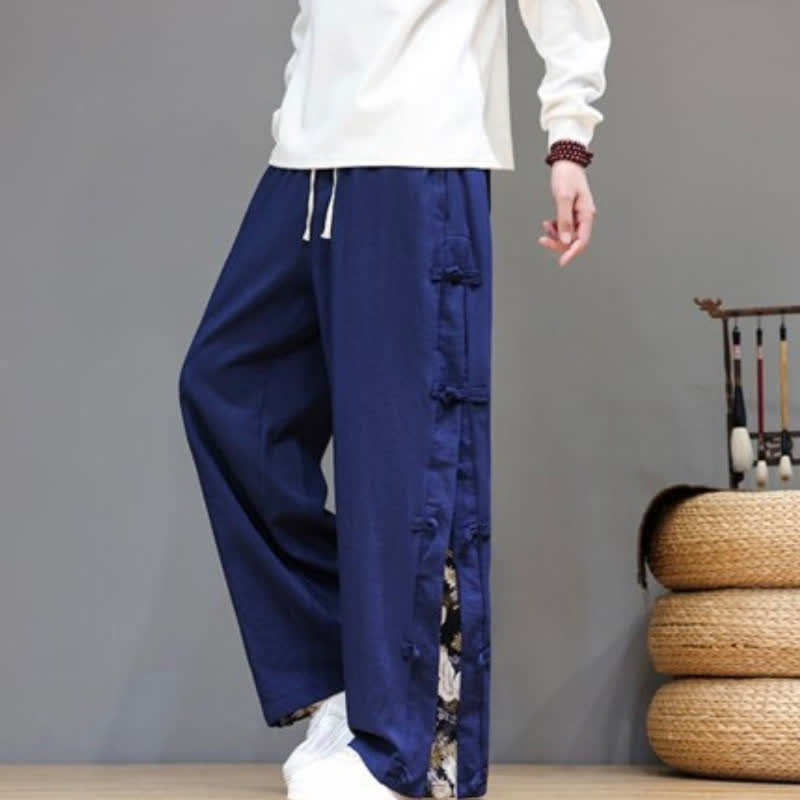 Buddha Stones Spring Summer Casual Tang Style Crane Side Slit Long Pants Men's Straight Leg Pants With Pockets - image 17