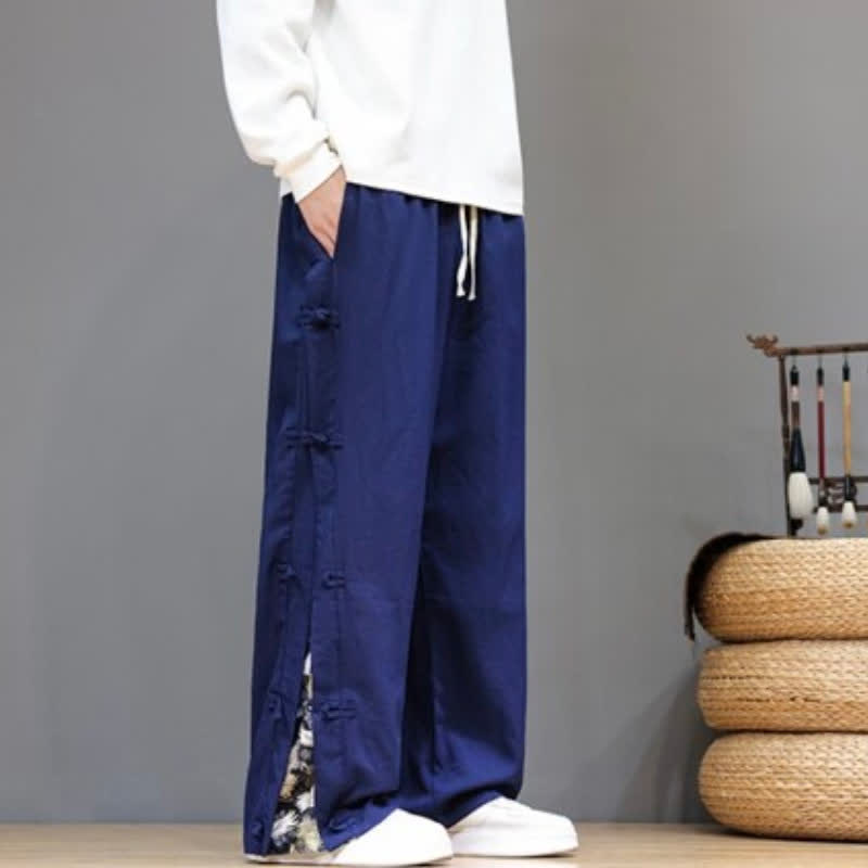 Buddha Stones Spring Summer Casual Tang Style Crane Side Slit Long Pants Men's Straight Leg Pants With Pockets - image 15