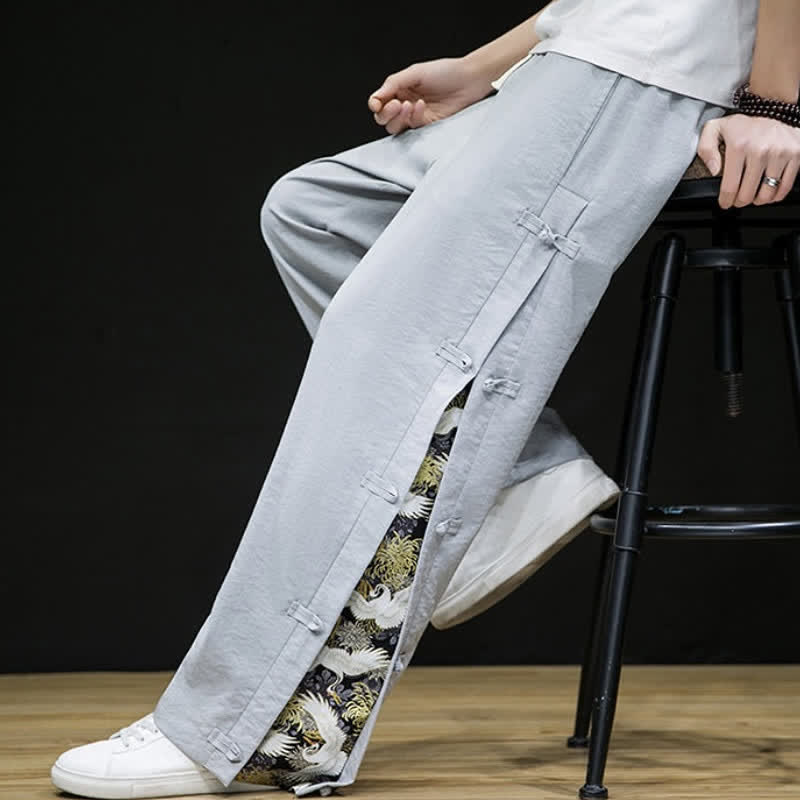 Buddha Stones Spring Summer Casual Tang Style Crane Side Slit Long Pants Men's Straight Leg Pants With Pockets - image 25