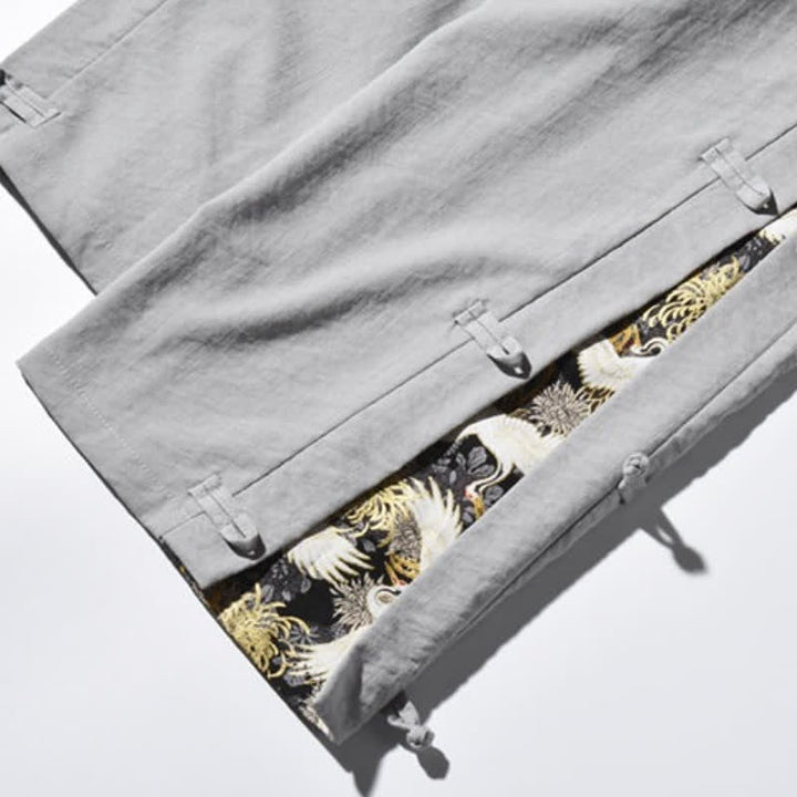 Buddha Stones Spring Summer Casual Tang Style Crane Side Slit Long Pants Men's Straight Leg Pants With Pockets - image 33