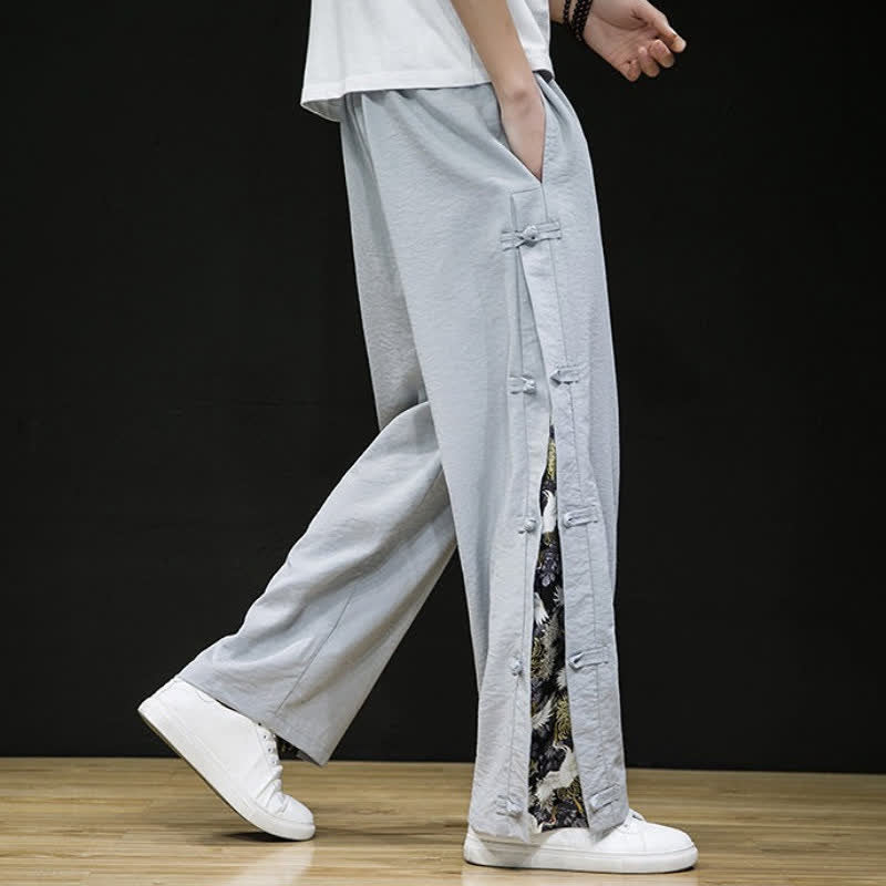 Buddha Stones Spring Summer Casual Tang Style Crane Side Slit Long Pants Men's Straight Leg Pants With Pockets - image 20
